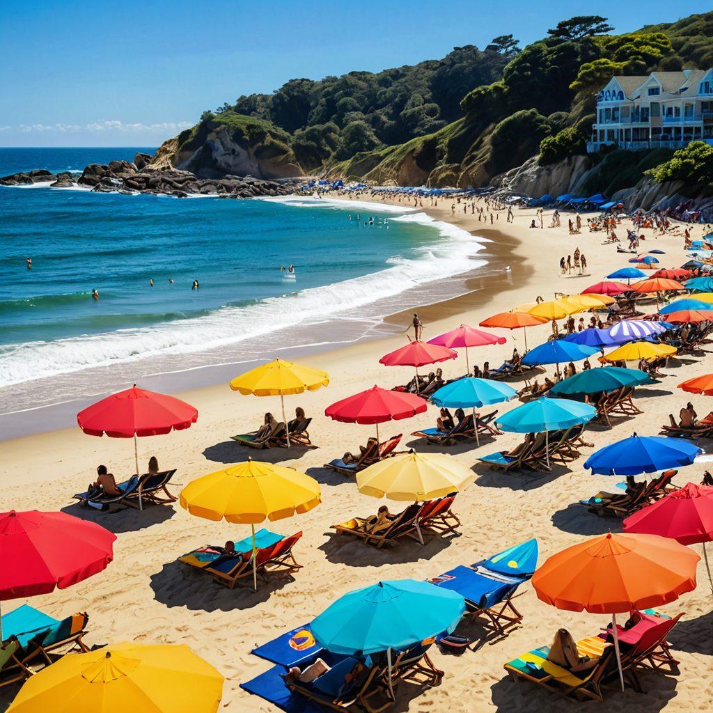 A vibrant beach scene showcasing diverse beachgoers wearing the latest bikini styles and swimwear trends under a bright sun. Include elements like colorful beach umbrellas, surfboards, and the sparkling ocean in the background, capturing the essence of summer fun and relaxation. Incorporate a stylish picnic setup with tropical drinks and snacks. super-realistic. vibrant colors. 3D.
