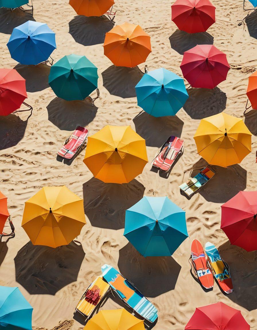 A vibrant beach scene showcasing stylish swimwear on sunbathers, with a striking sunset over Virginia beaches. Include trendy accessories like oversized hats, sunglasses, and tropical drink cups. Feature beach umbrellas and surfboards in the background for added flair. Emphasize the fun and lively atmosphere of summer fashion by the sea. super-realistic. vibrant colors.