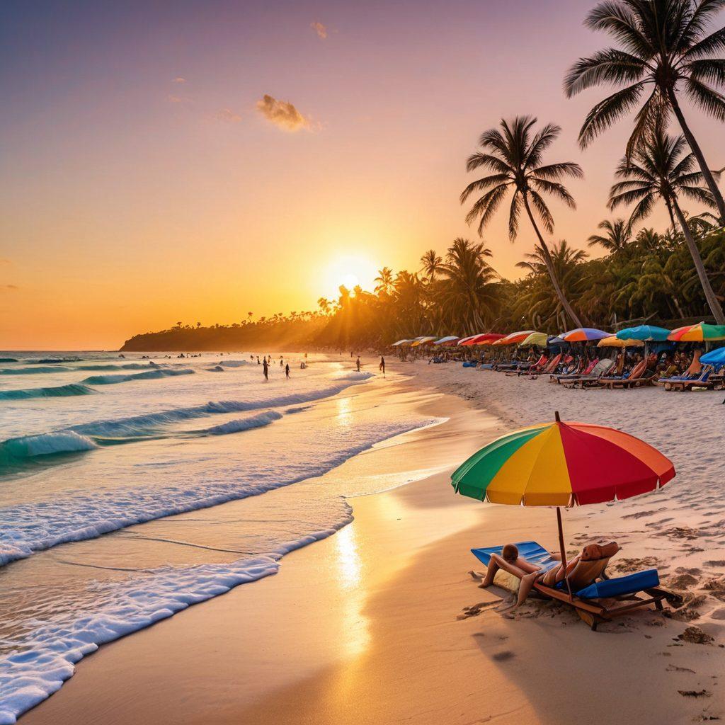 A vibrant beach scene filled with sun-seekers in stylish swimwear, colorful beach umbrellas, and a crystal-clear ocean backdrop. Include surfboards and beach toys scattered around, while palm trees sway in the breeze. Add a warm sunset glow to enhance the tropical atmosphere. super-realistic. vibrant colors. white background.